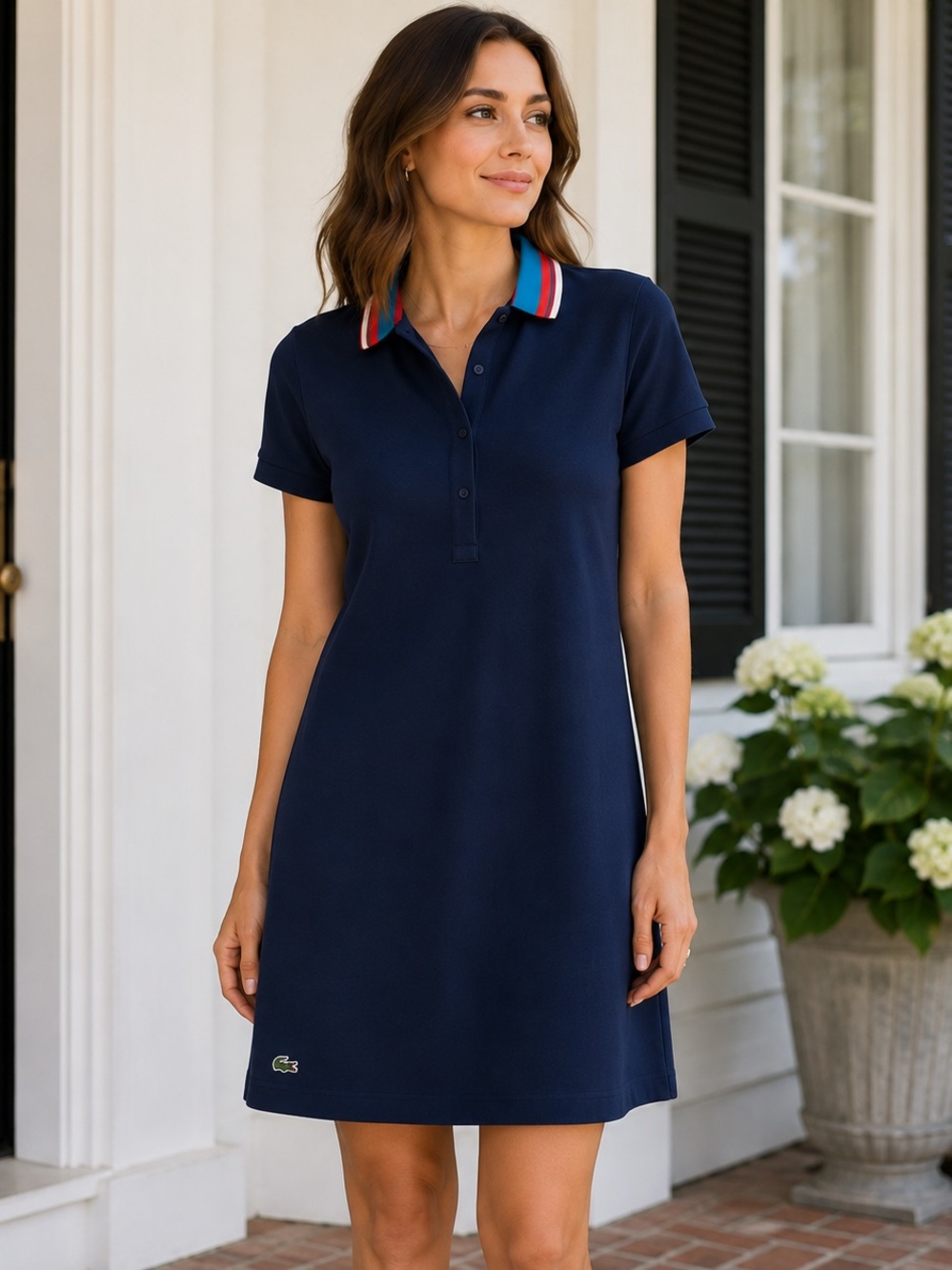 Lacoste Navy Lyocell Polo Shirt Dress Striped Collar